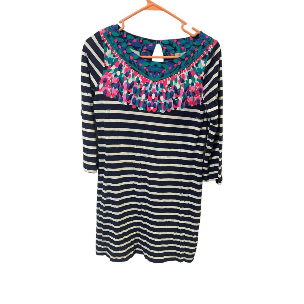 Lilly Pulitzer Dress XS‎ Blue Striped Long Sleeve Bay Island Medallion Keyhole